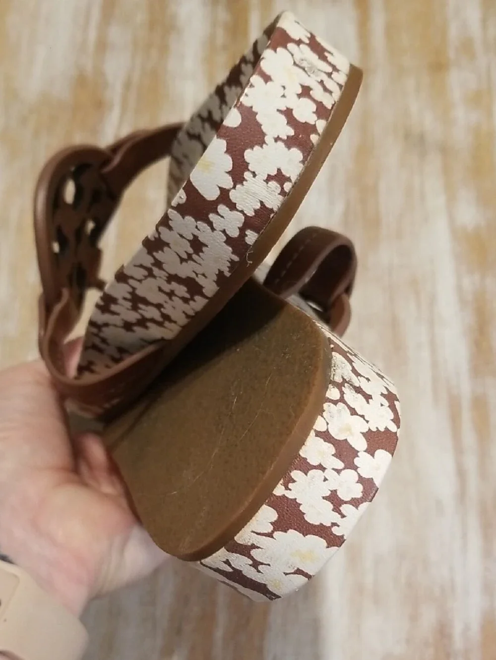 Tory Burch Brown Leather Miller Flip Sandals with Cream Floral Insole